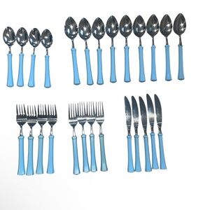 Vintage Oxford Hall Stainless Japan Blue Handle Flatware Set 29 Pc Mid Century